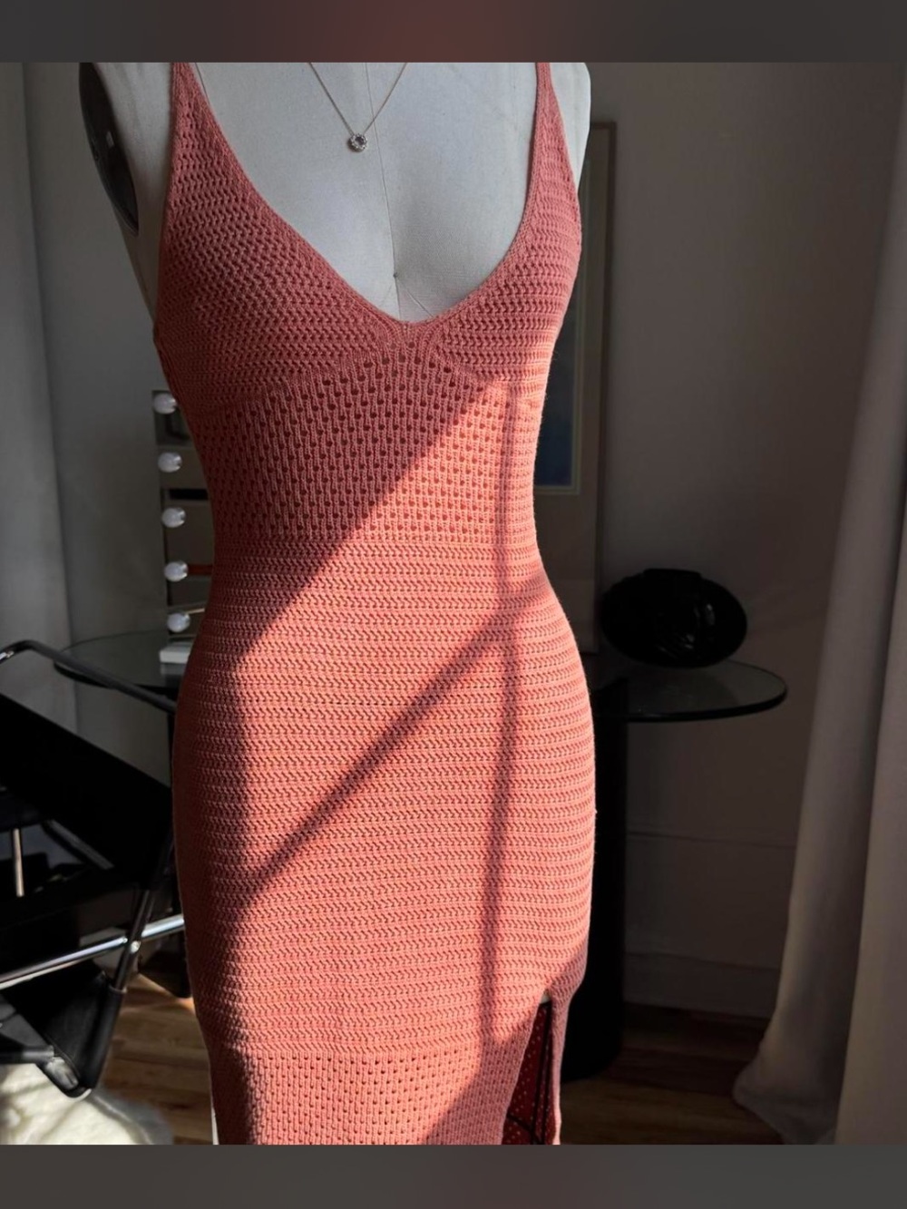 Rust Pink Crochet V-Neck Slim Midi Dress